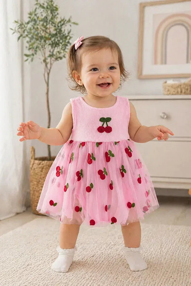 Детское платье для девочек хлопковое Cherry detailed tulle dress with snap fasteners (100% cotton) Beniizle, Pink