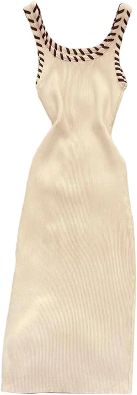 Женское облегающее трикотажное платье-свитер на бретелях, Beige