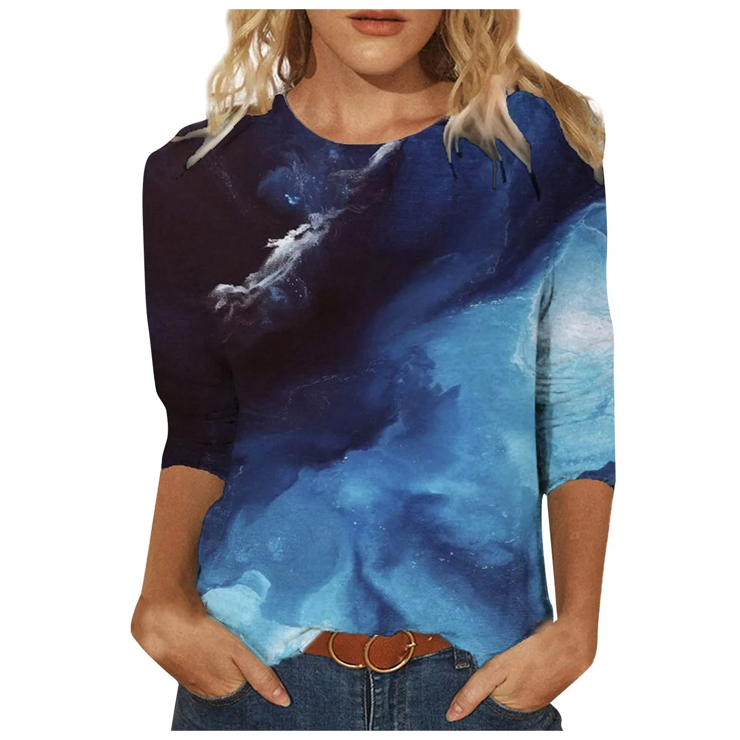 Женская футболка с V-образным вырезом Colorful Gradient Geometric Print Sweater Set, Navy-2 — фото 2