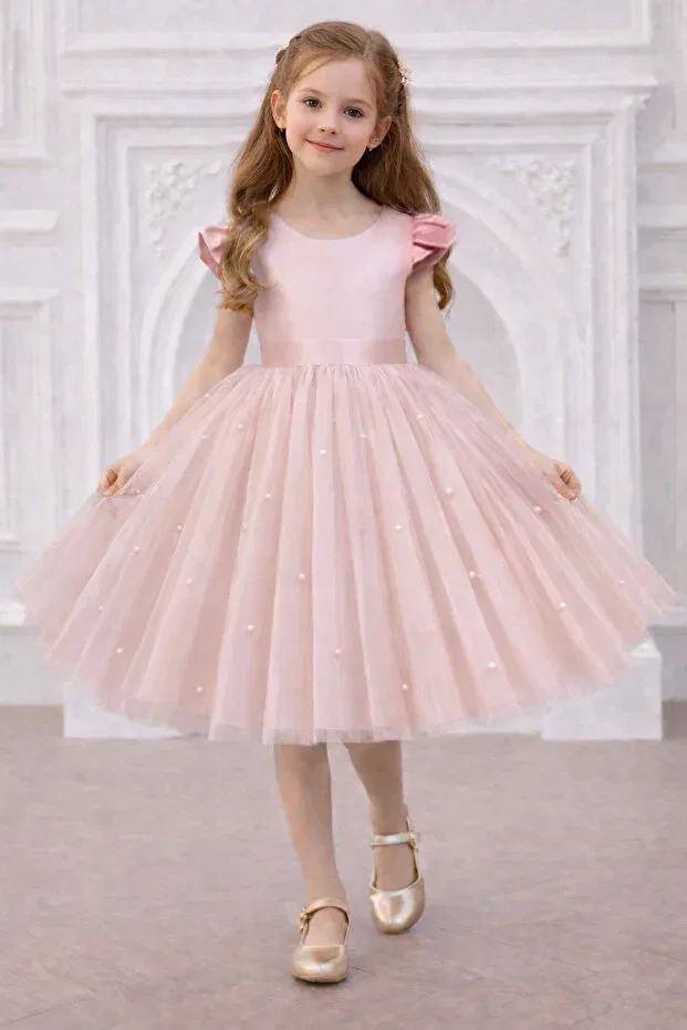 Детское платье для девочек с принтом Girl'S Bow Detailed Pearl Graduation Birthday Party Dress Princess Dress Nsmlife, Powder