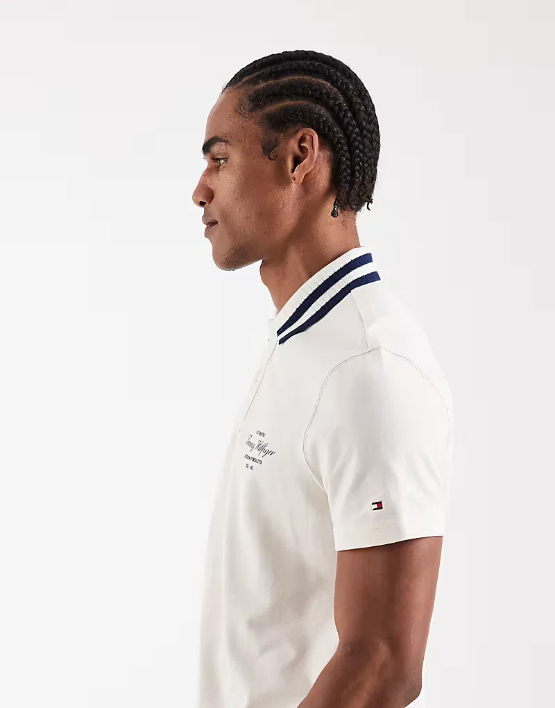 Поло Tommy Hilfiger с полосатым воротником, прямого кроя, белый — фото 3