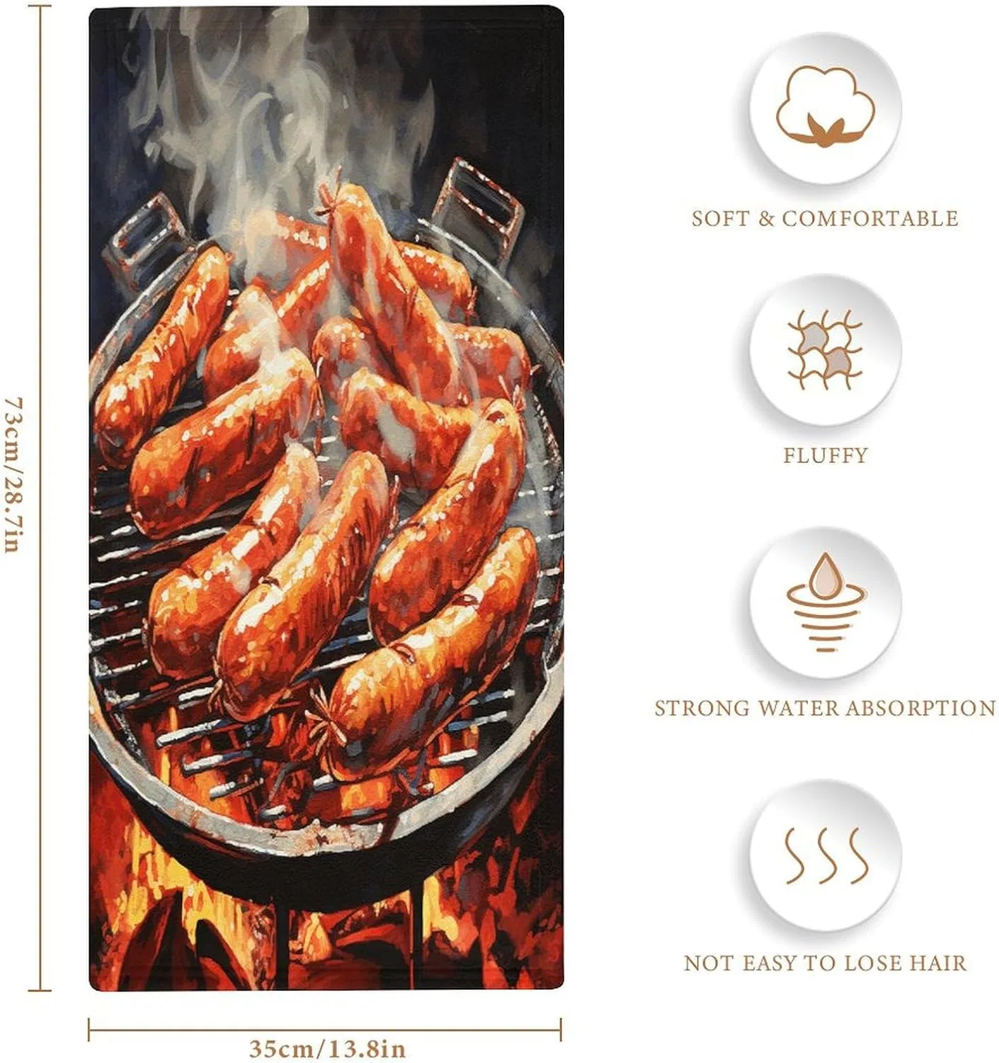 Махровая салфетка KLSVTMEA, 1 шт, 72.9x35.1 см, Wurst auf Feuer — фото 2