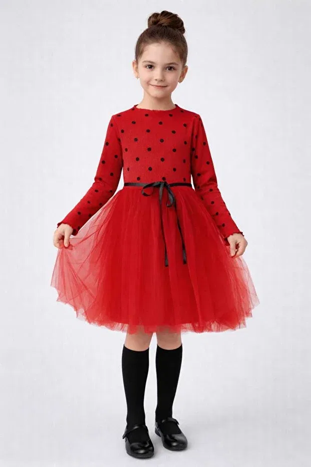 Детское платье для девочек с принтом Polka Dot Girl's Long Sleeve Tulle Dress Neocotton, Red