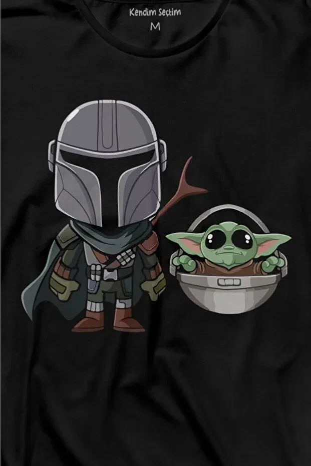Детская футболка с длинным рукавом с принтом Baby Yoda Mando Figure The Mandalorian Star Wars Kendim Seçtim, Black — фото 2