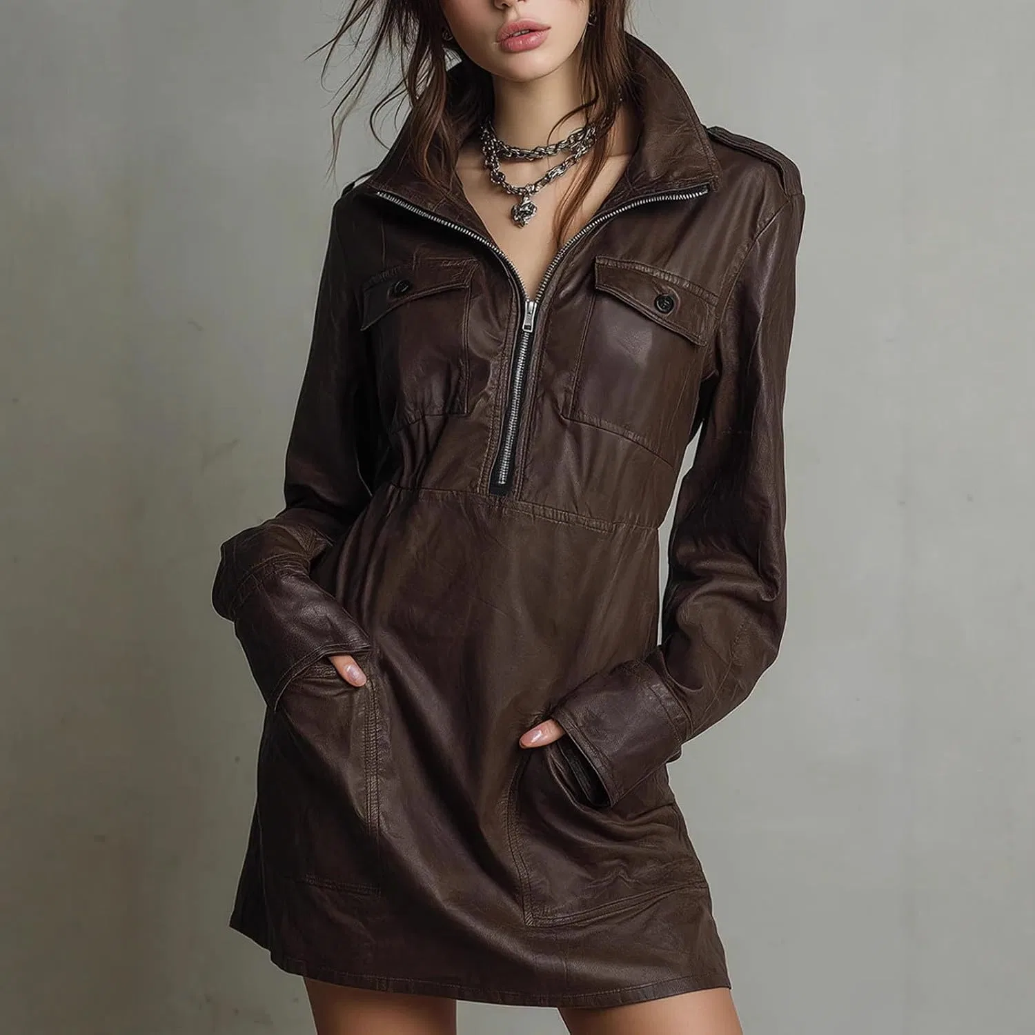 Женское платье с полузастежкой PU Leather Vintage с карманами, Coffee — фото 2