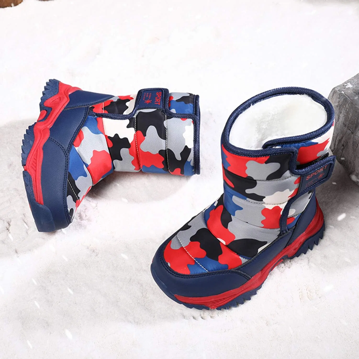 Детские зимние сапоги для мальчиков и девочек с мехом YUKTOPA, Red-Camo — фото 3