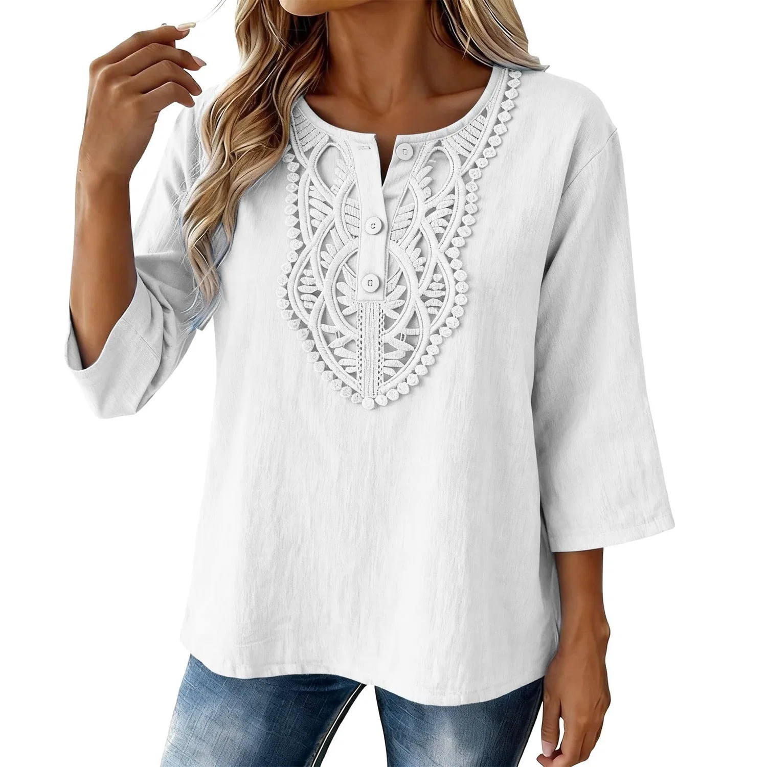 Женская льняная туника с вышивкой Retro 3/4 Sleeve Boho Casual Loose Fit Lightweight Summer Beach Blouse, A-white