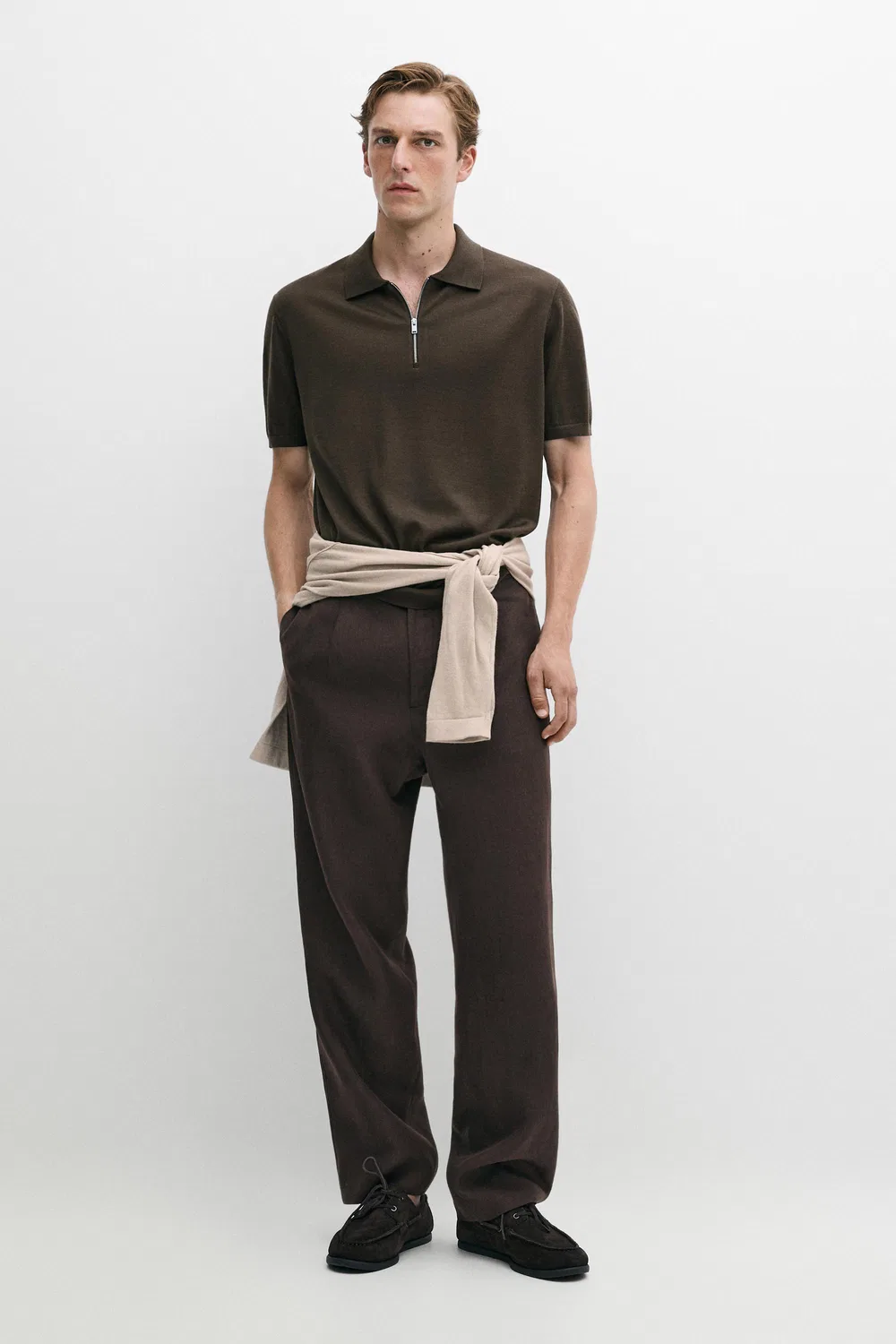 Рубашка поло Massimo Dutti Wool Blend Zip-detail, темный хаки — фото 3