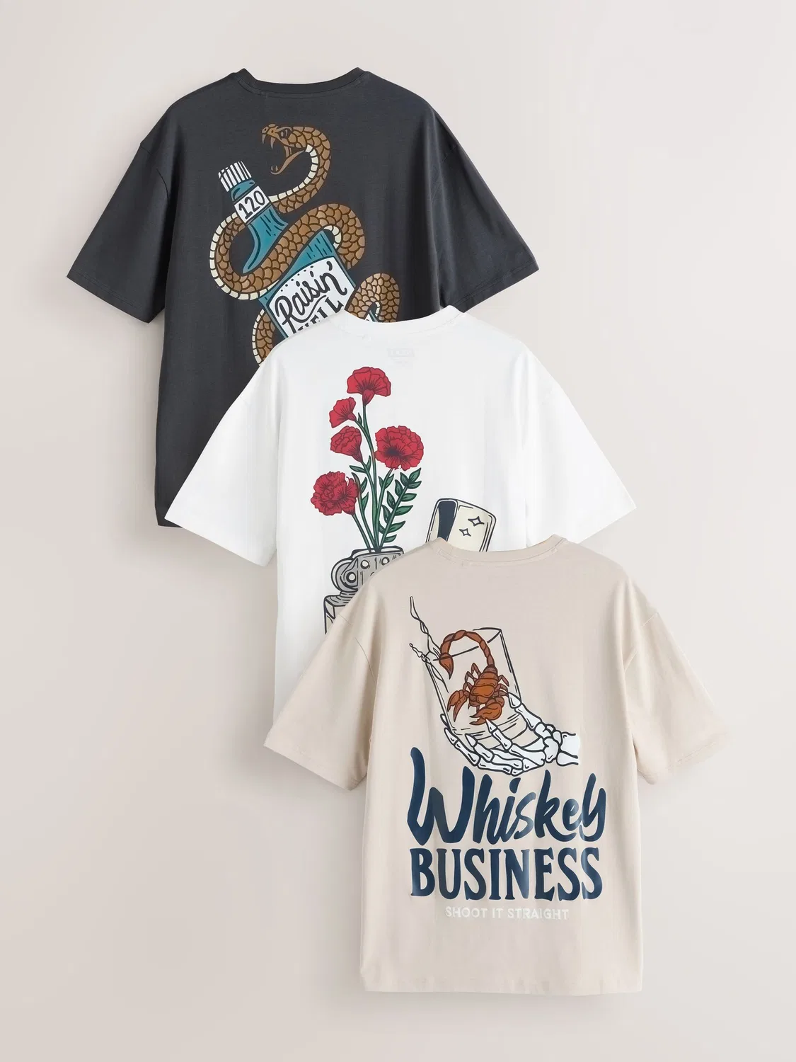 Футболка с принтом 3шт, свободная посадка Next, Charcoal/White/Stone