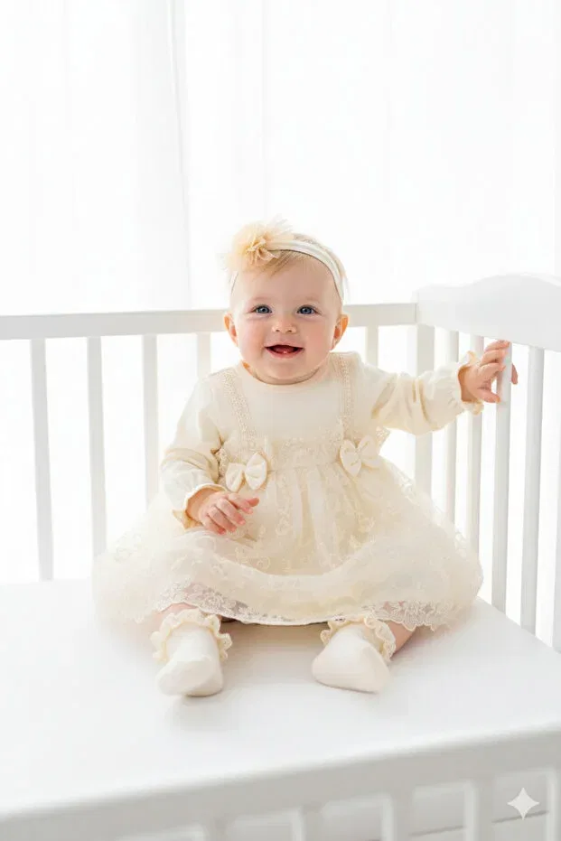 Детское платье для девочек с длинным рукавом mevlit dress with bandana and lace Miniday Baby, Beige