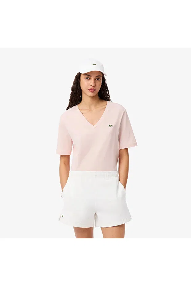 Футболка Lacoste Ady, V-образный вырез, оверсайз, розовая
