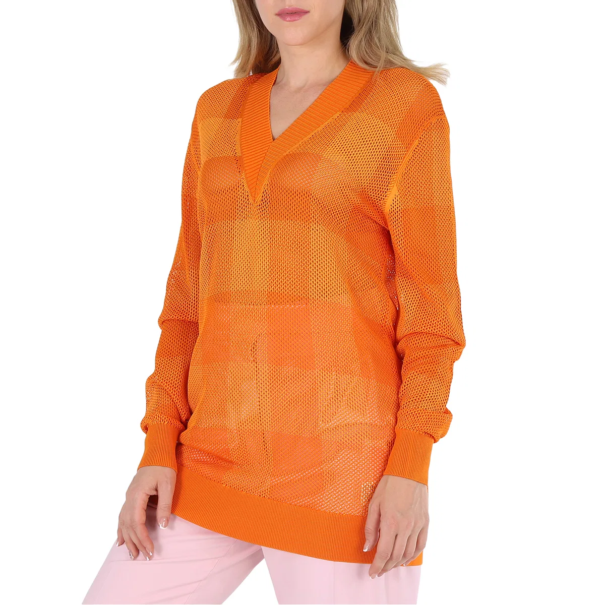 Джемпер с V-образным вырезом и сетчатыми вставками Zoie Check Mesh Lace Burberry, Deep Orange — фото 3