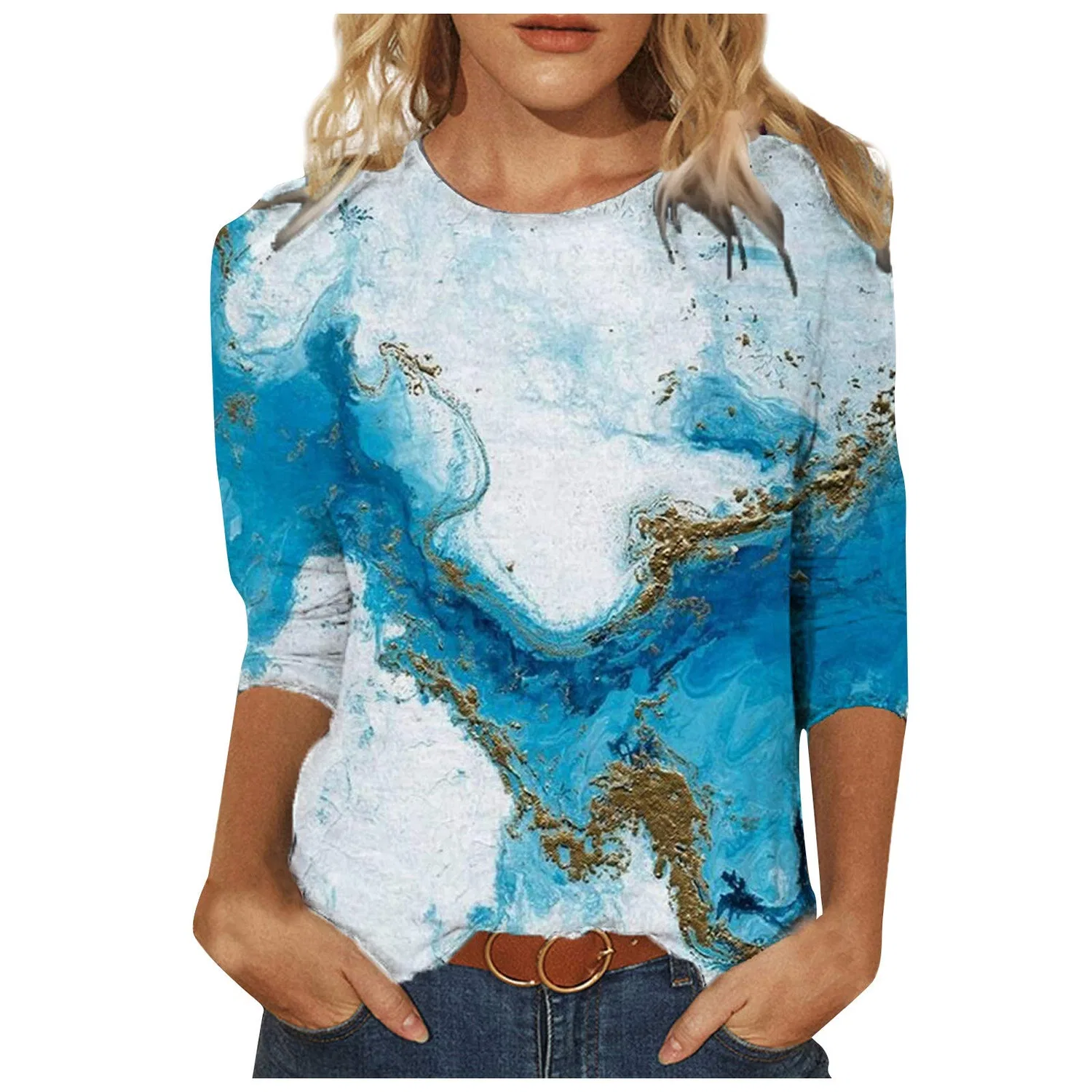 Женская футболка с принтом Colorful Gradient Geometric Print, бренд, Sky Blue-2
