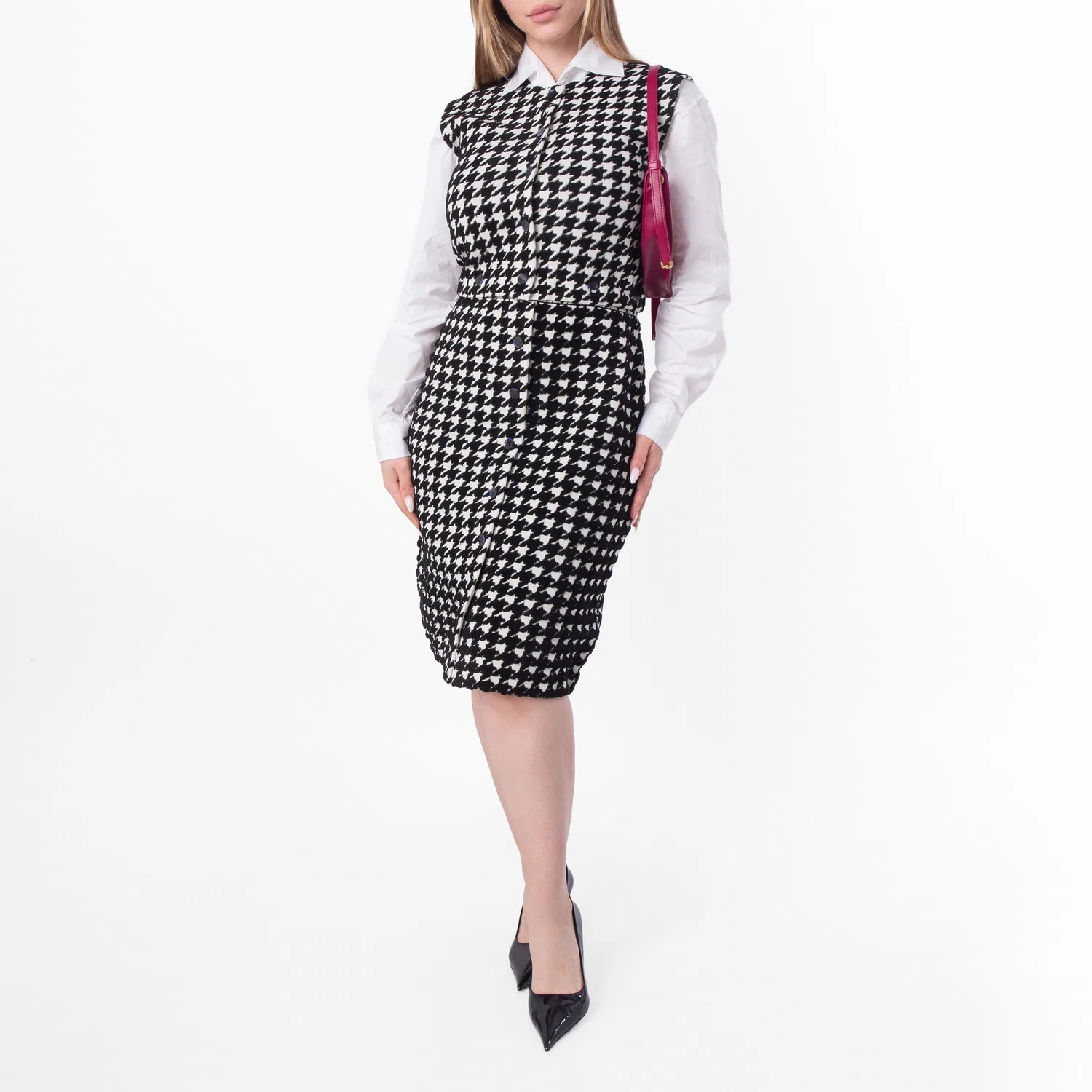 Платье-трапеция без рукавов с принтом «гусиная лапка» Houndstooth Nylon Blend Dress Burberry, Black Ip Pattern