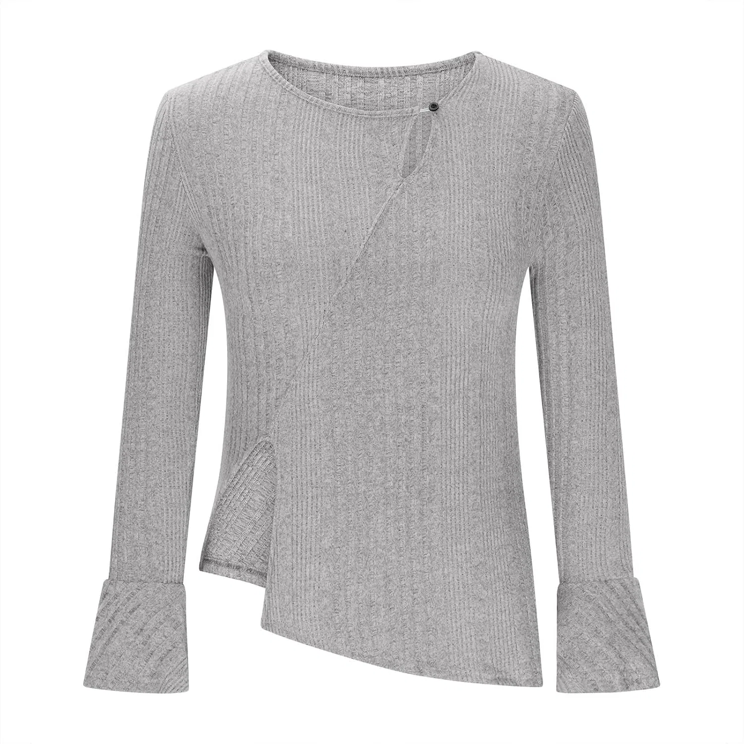 Женский свитер с асимметричным вырезом и разрезом, Ribbed Knit, серый — фото 3