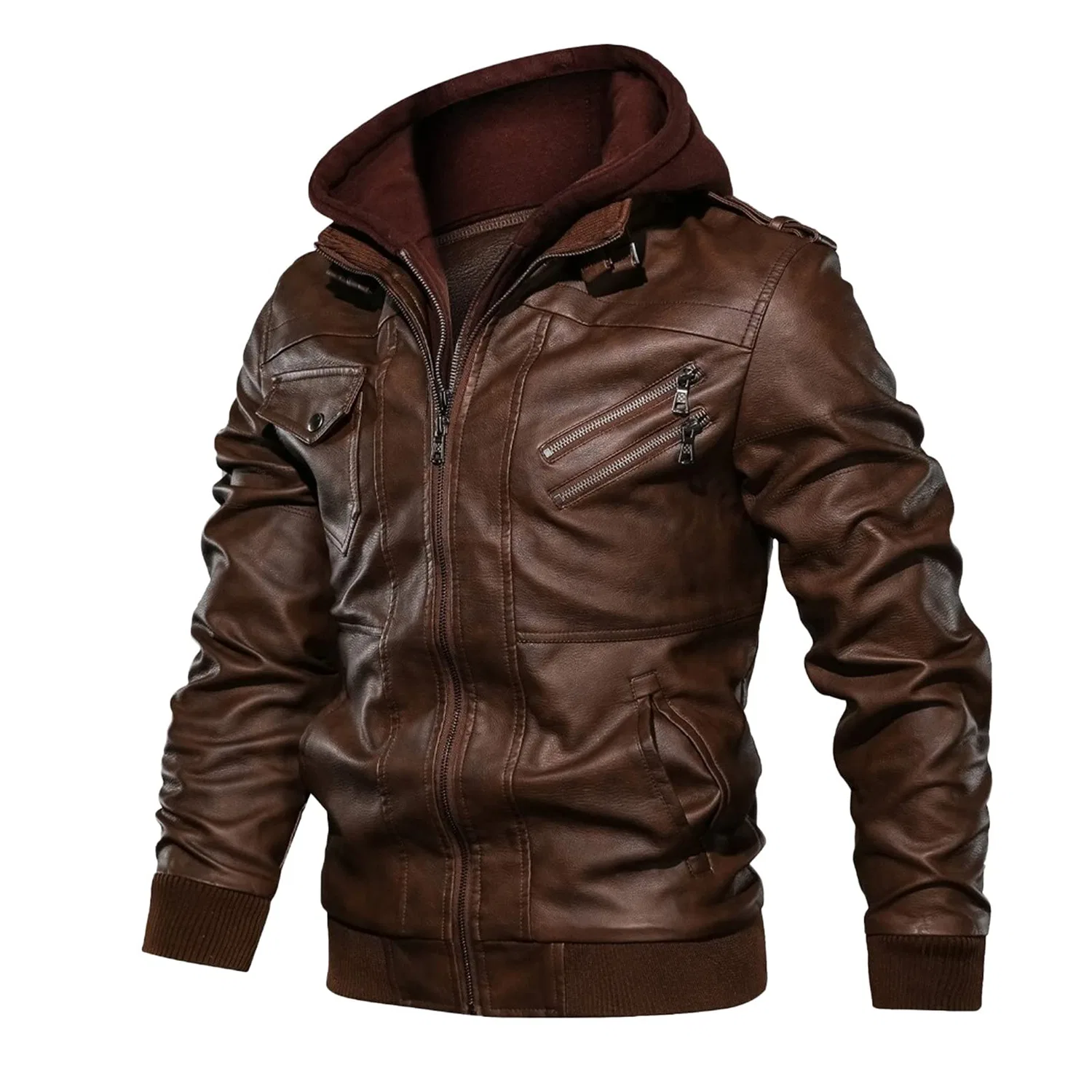 Мужская куртка из экокожи с воротником-стойкой Retro Winter Jacket, brown