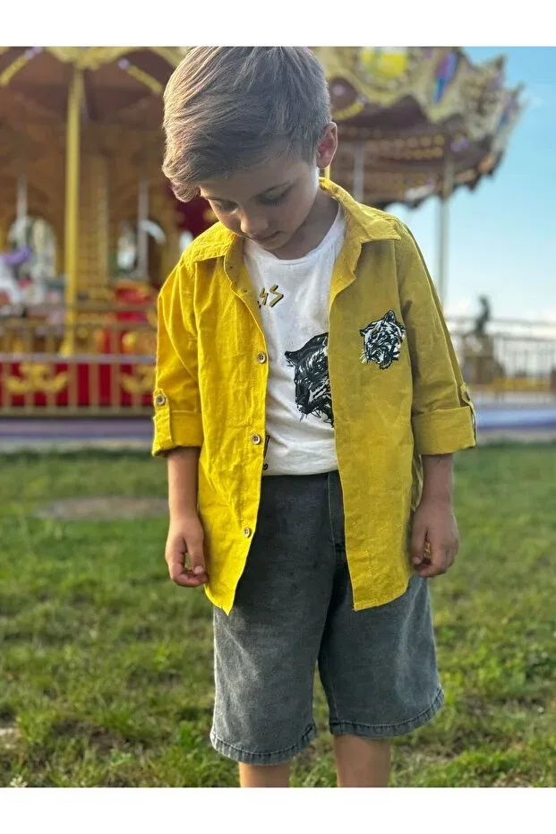 Детский комплект рубашек и футболок с принтом Basics Pollito, Light Mustard — фото 4