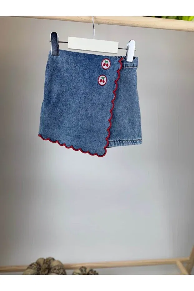 Детские шорты для девочек джинсовые Cherry denim shorts skirt Poalakıds, Blue — фото 2