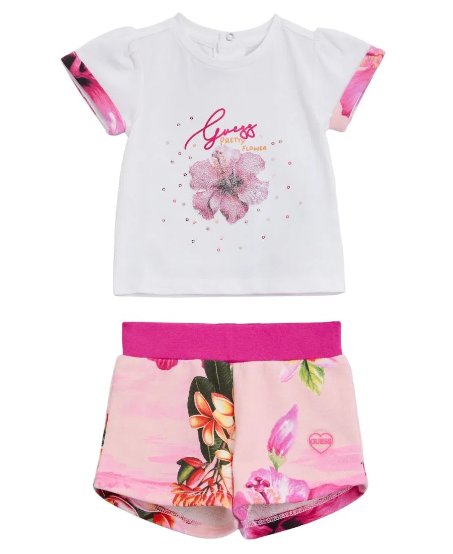 Комплект детский из футболки с коротким рукавом и шорт с принтом GUESS, White/Pink