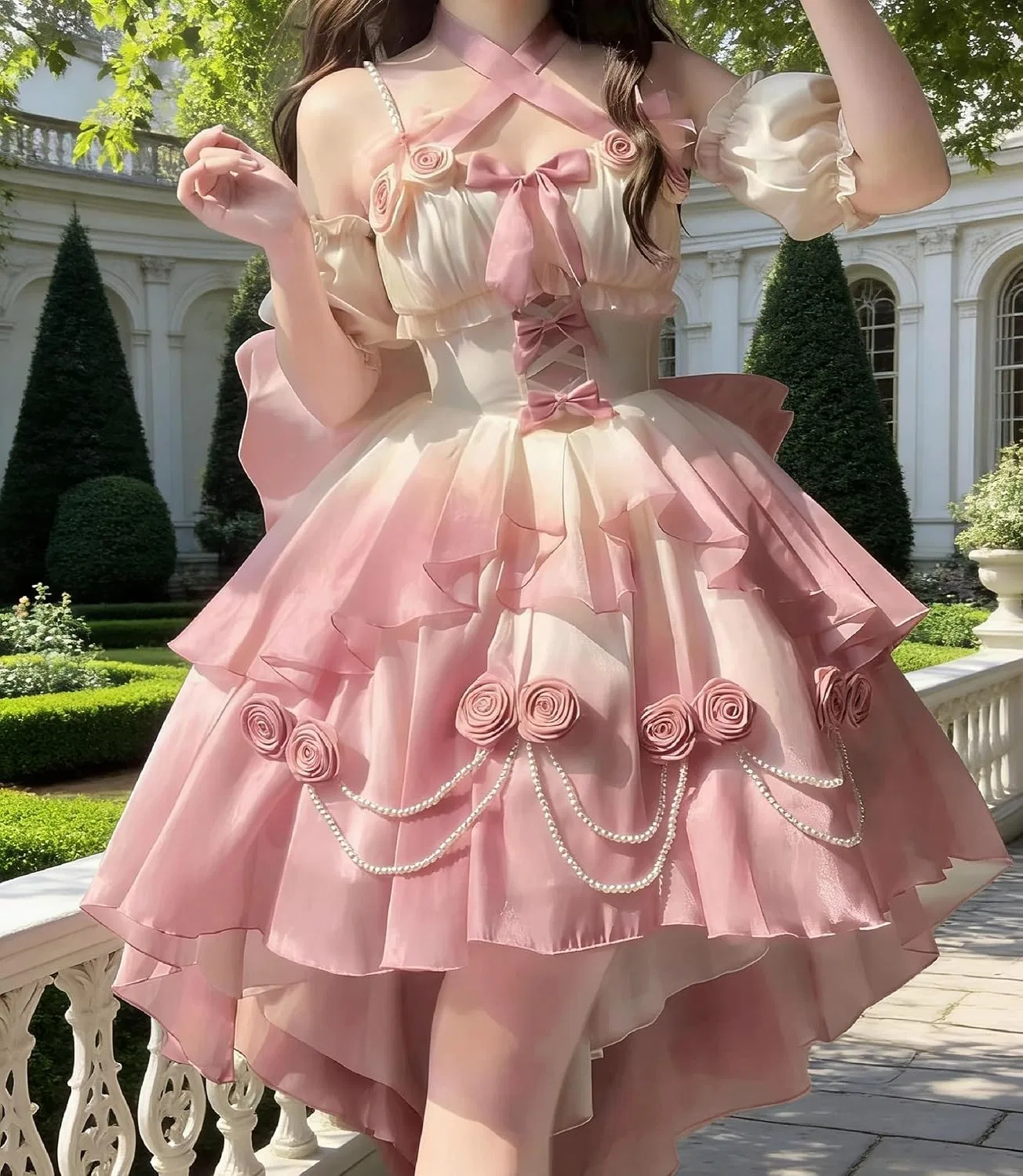 Женское лолита платье с бантом и длинным шлейфом, Pink — фото 3