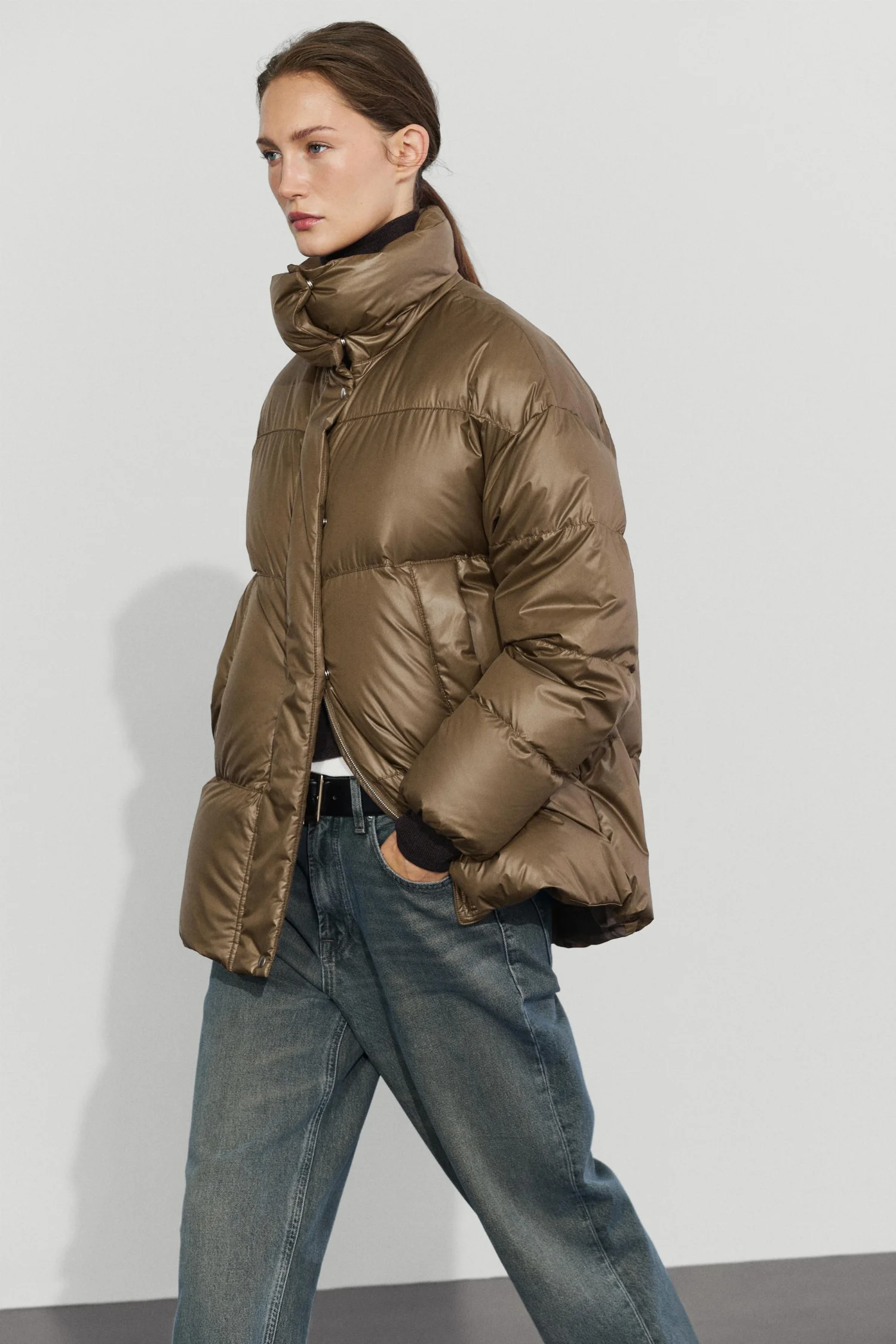 Пуховик Massimo Dutti With Plaid Interior Detail, светло-коричневый — фото 4