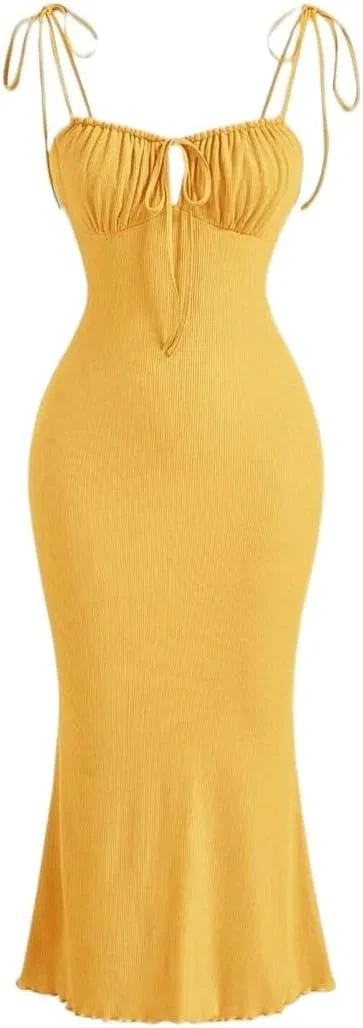 Женское платье миди с узлом спереди на бретелях Yellow