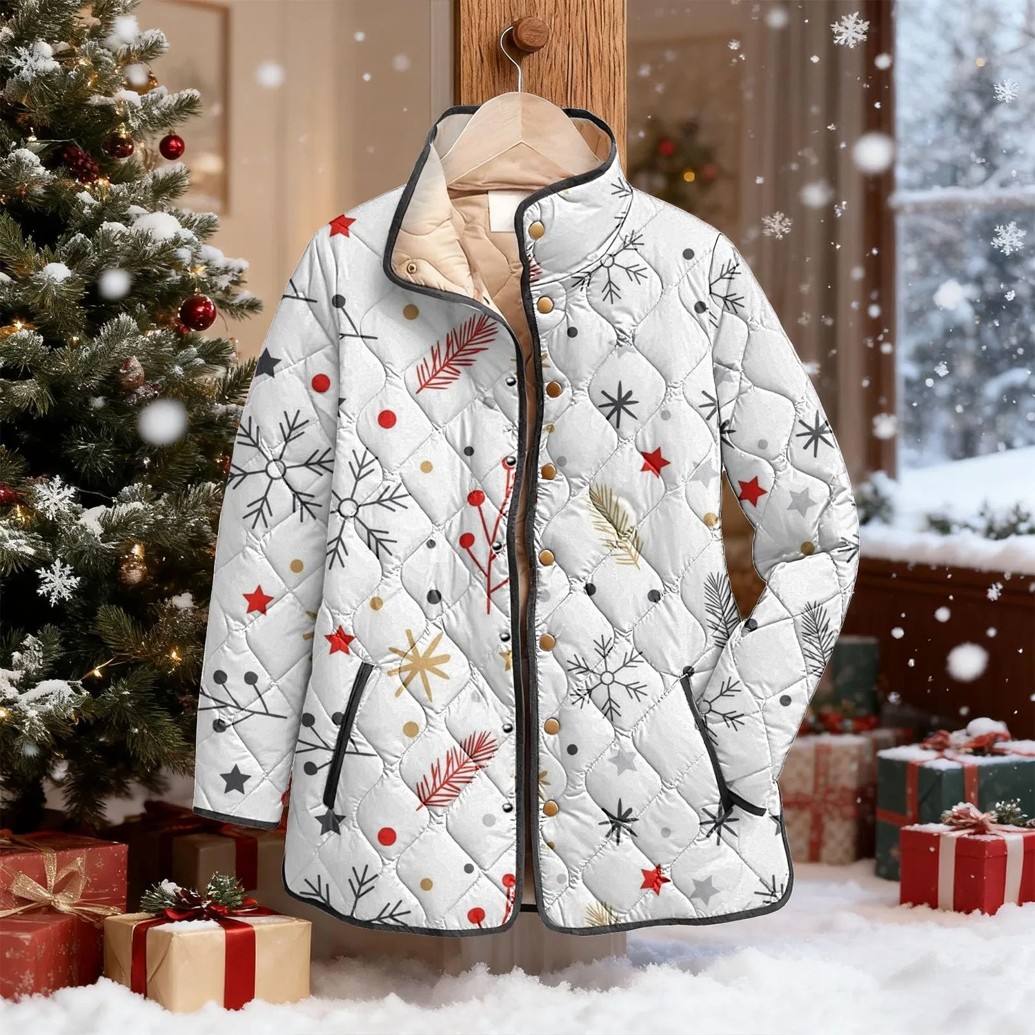 Женское утепленное пальто с рождественским принтом Christmas Printed Quilted Jacket, 1-bianco — фото 4