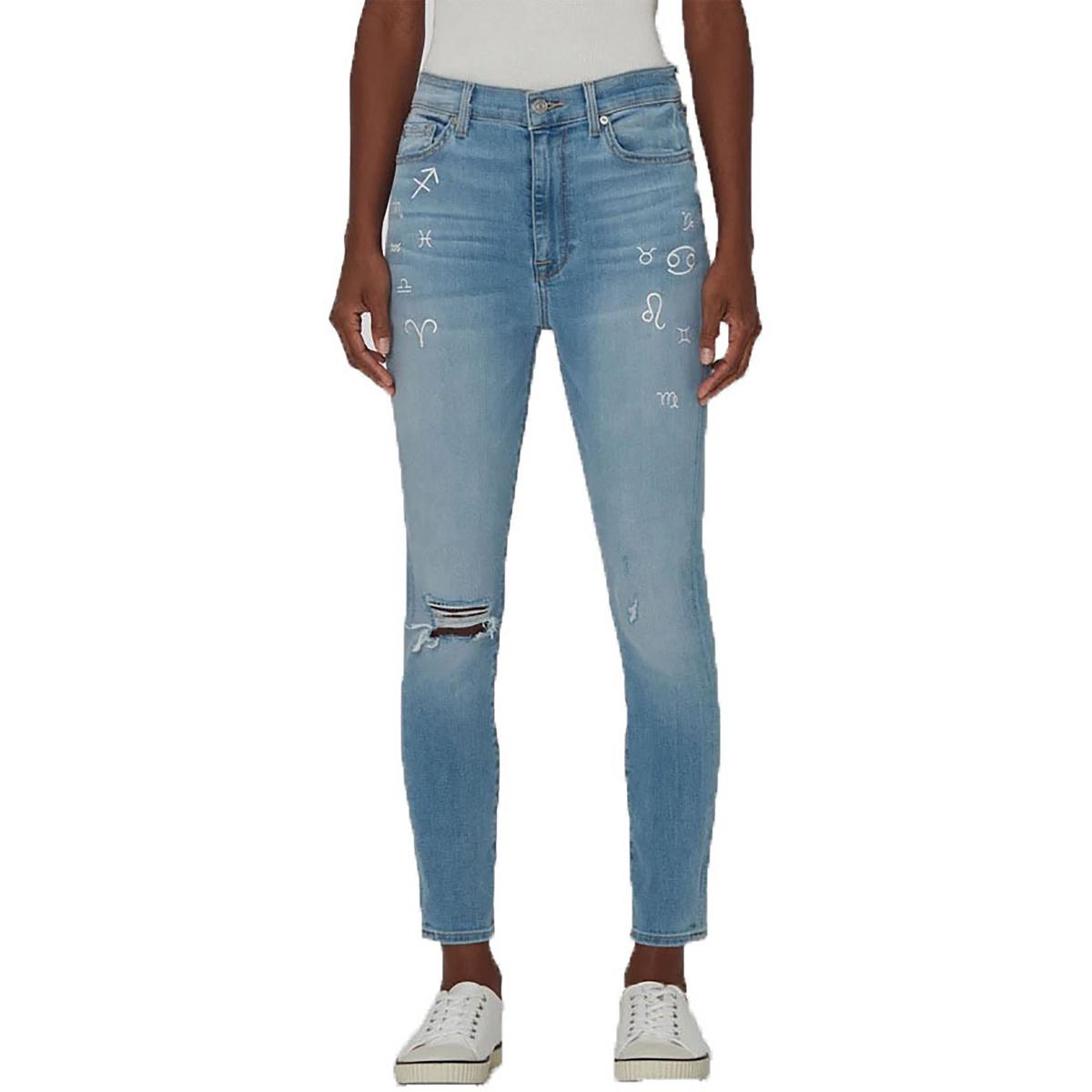 

Женские потертые скинни джинсы 7 For All Mankind, синий