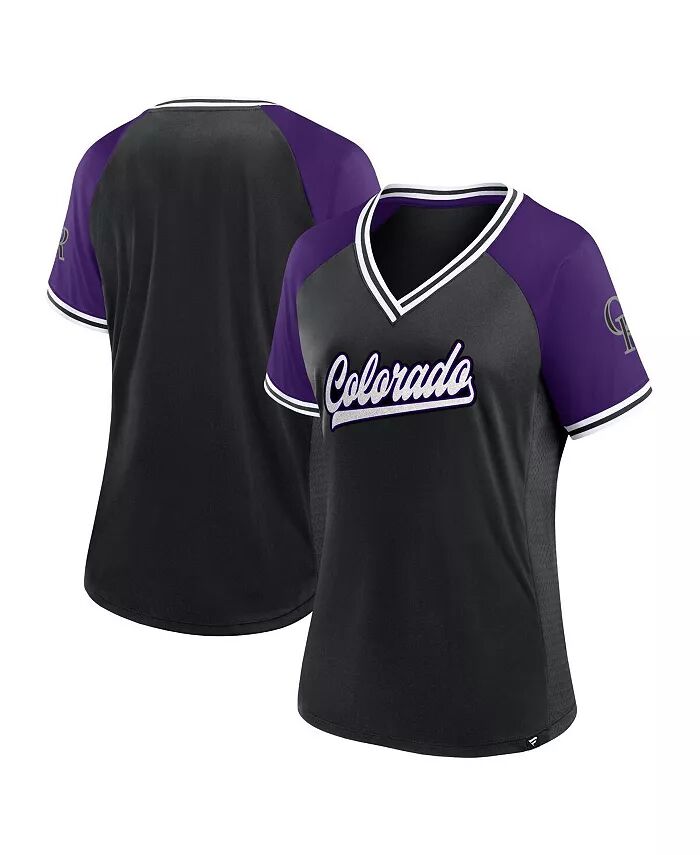 

Женская черная футболка Colorado Rockies Glitz and Glam League Diva Raglan с V-образным вырезом Fanatics
