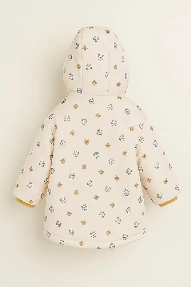Детское зимнее пальто для девочек с принтом Cute bear printed plush fur inside zippered pocket hooded baby-child winter coat-jacket Dekubaby, Beige — фото 4