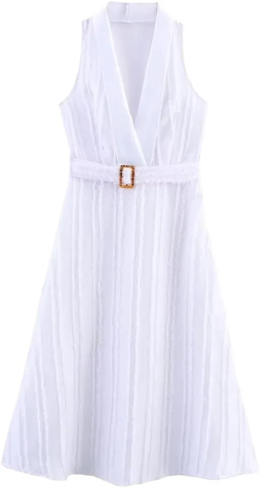 Женское платье с поясом и квадратной пряжкой A-line, White