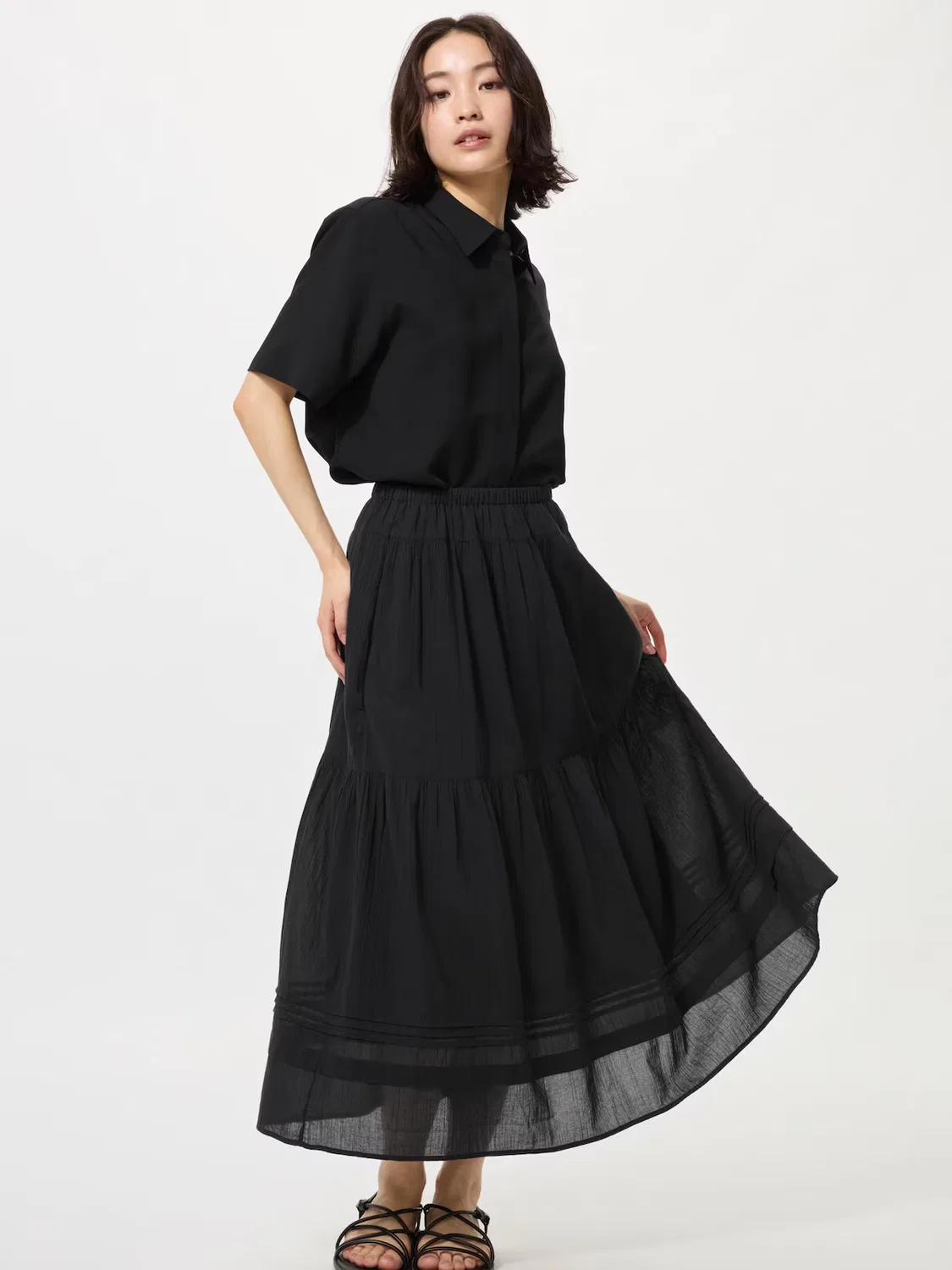 Юбка Uniqlo, многослойная, универсальной длины, черный