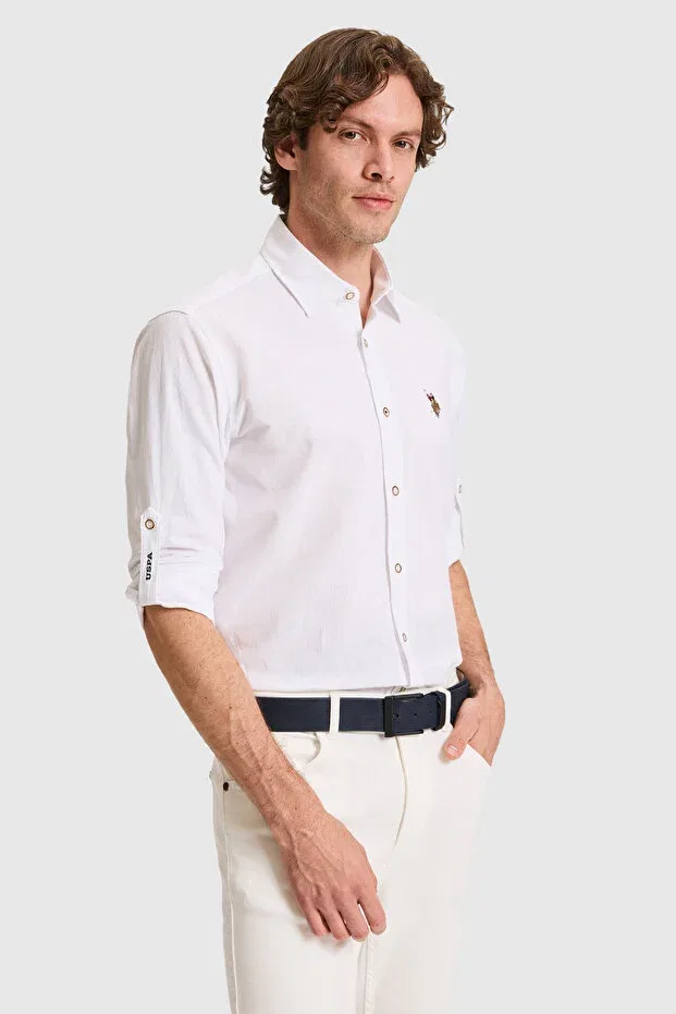 Мужская рубашка из льняной смеси с длинным рукавом U.S. Polo Assn., White — фото 3