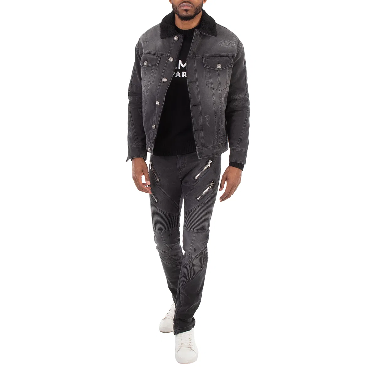 Джинсовая куртка с эффектом потертости и овчинной подкладкой Shearling-Lining Denim Jacket Balmain, Noir Delave — фото 3