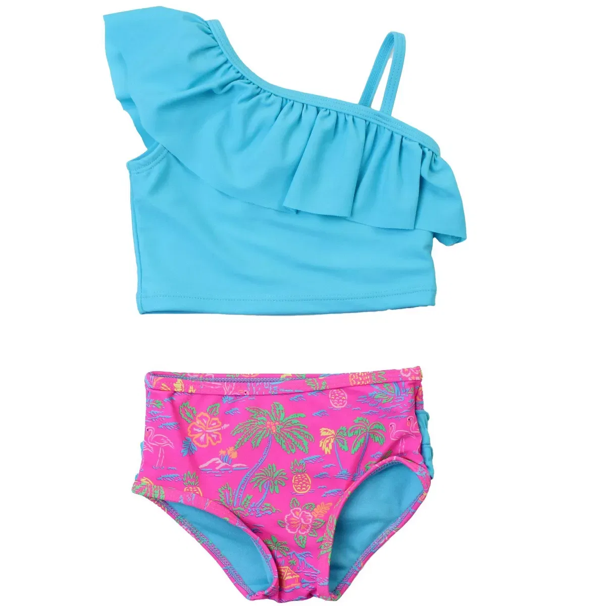 Детский танкини-комплект с воланами One Shoulder Ruffle Tankini RuffleButts, Neon Island Time