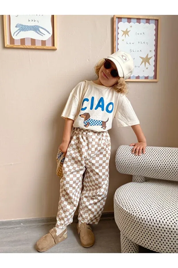 Детские брюки для девочек широкие Checkered pants Padri Kids, Nude Color