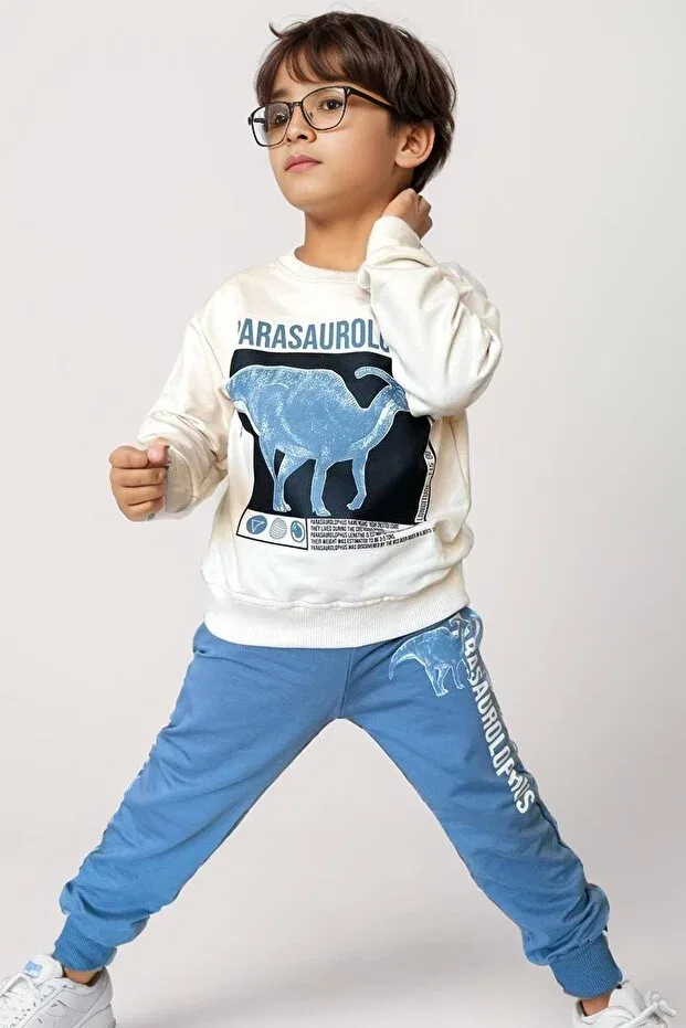 Детский спортивный костюм для мальчиков с принтом Boy'S blue tracksuit set with parasaurolophus figure and text print Riccotarz, Blue