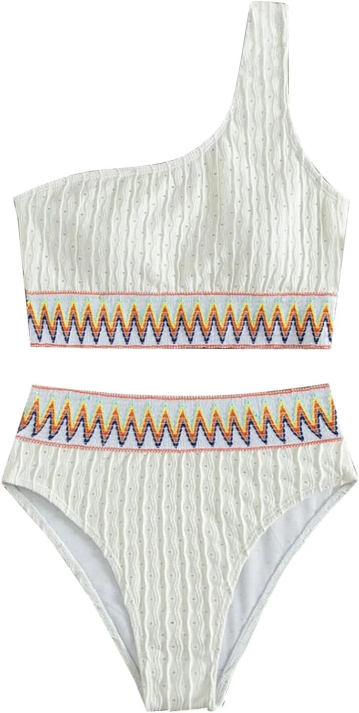 Женский бикини-комплект с цветными блоками One Shoulder, White