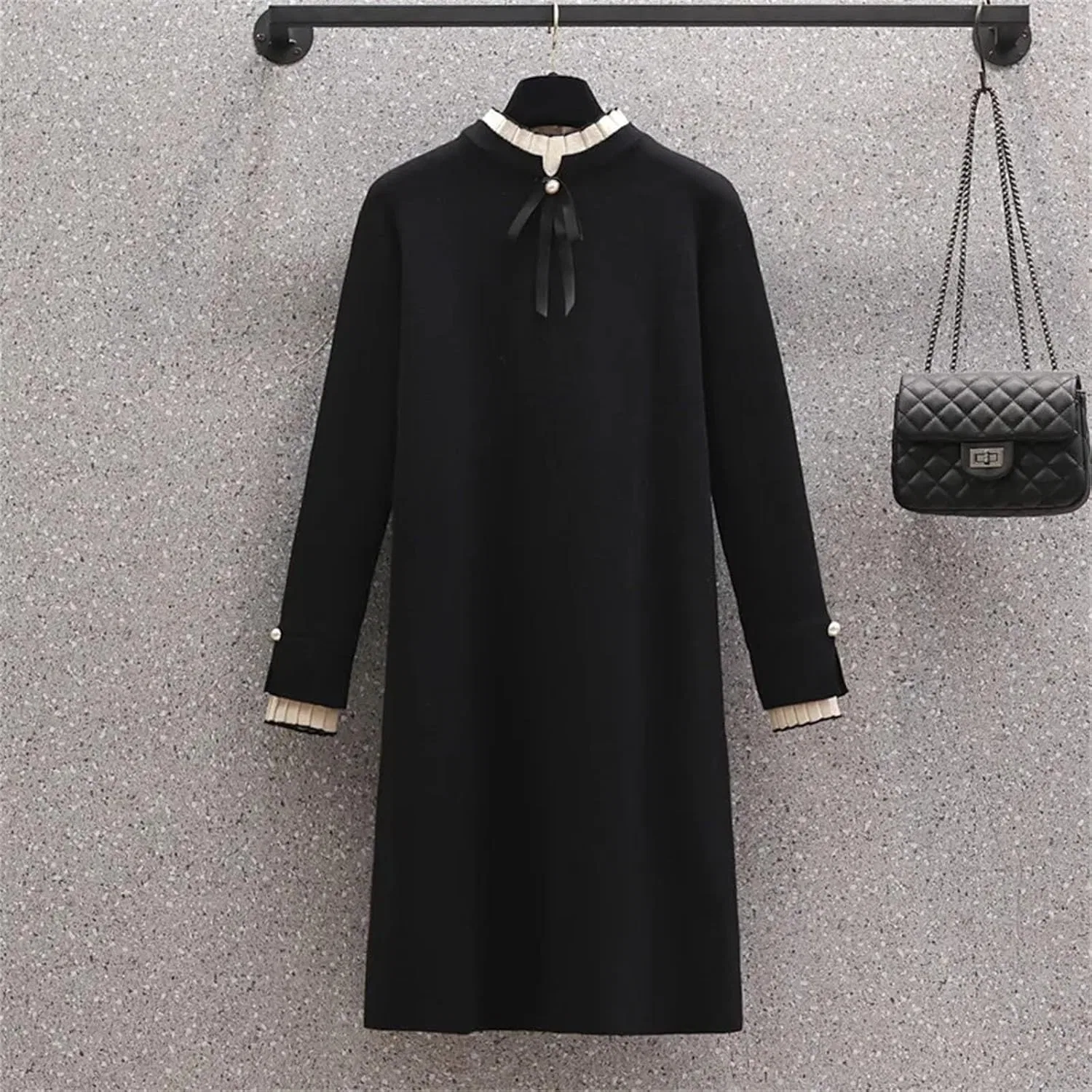 Женское шерстяное платье с бантом Womens Bow Sweater Dress, Black — фото 3