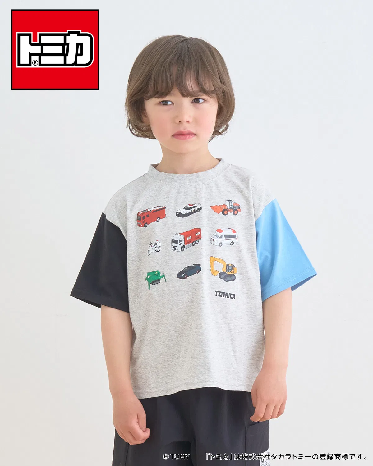 Детская футболка с принтом TOMICA, модель TOMICA Collection, бренд b・ROOM, Top Grey
