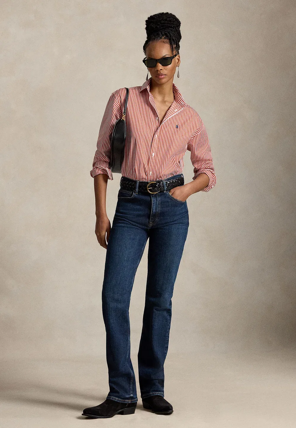 Свободная полосатая хлопковая рубашка - блузка на пуговицах Polo Ralph Lauren, Orange Leaf/White — фото 2