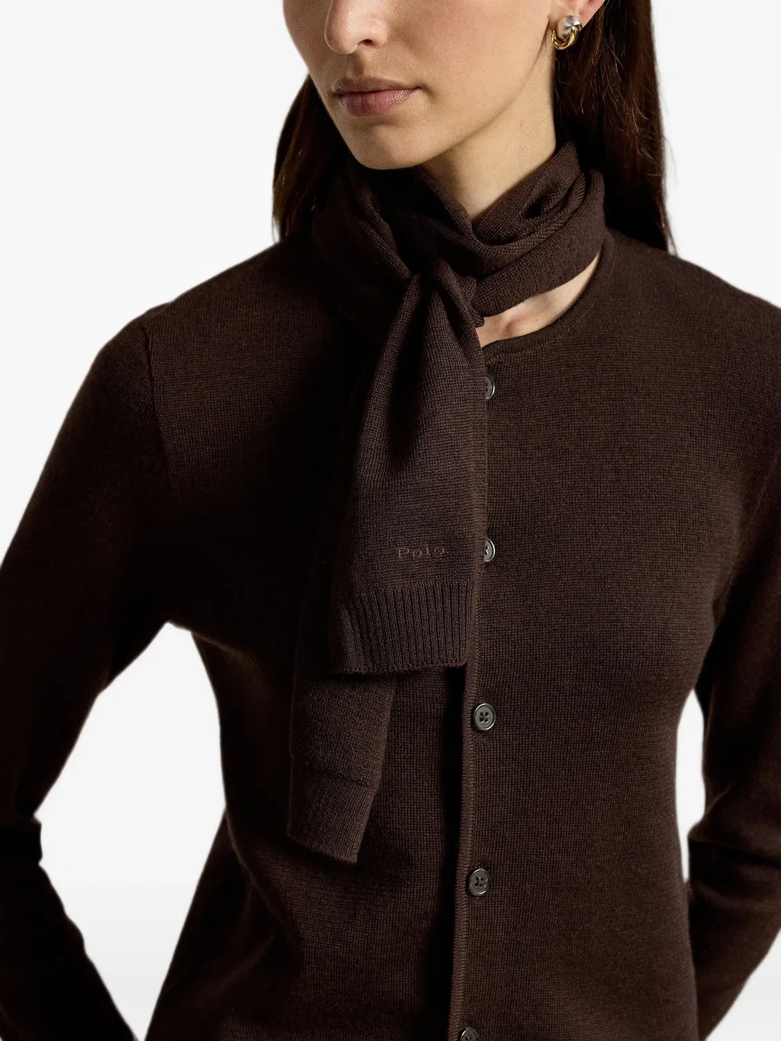 Шерстяной кардиган с шарфом коричневого цвета Polo Ralph Lauren, коричневый — фото 3