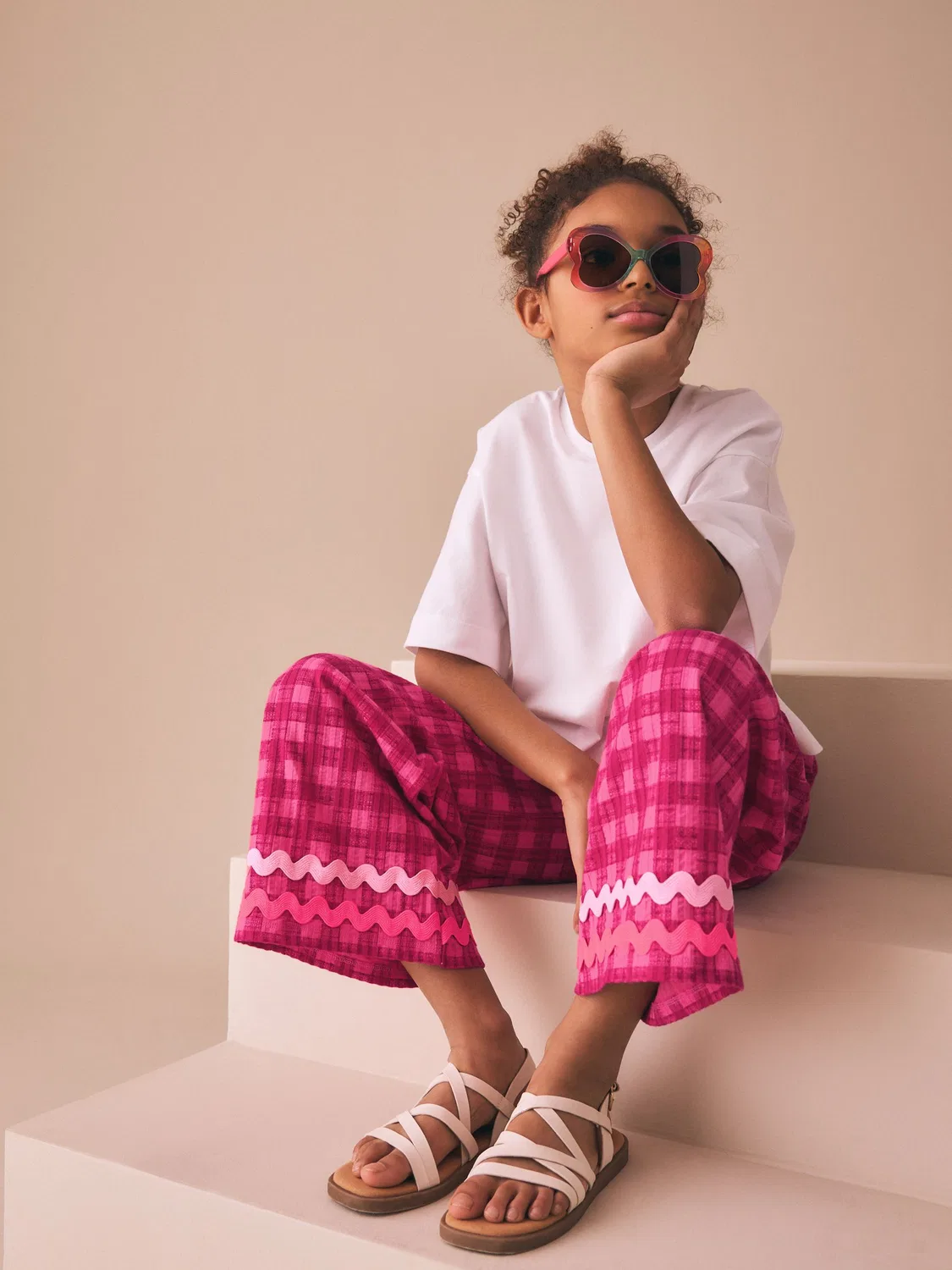 Брюки широкие с гребешковым краем, Pink Gingham Next, розовый в клетку — фото 3