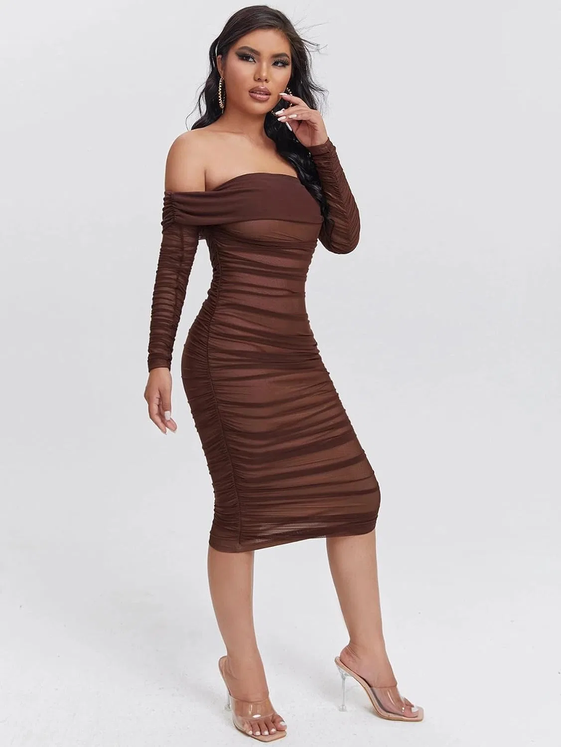 Женское повседневное миди-платье с рюшами Mesh, Chocolate Brown — фото 3