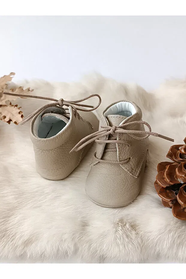 Детские пинетки из натуральной кожи для новорожденных Mink genuine leather baby booties Hodore, Taupe — фото 3