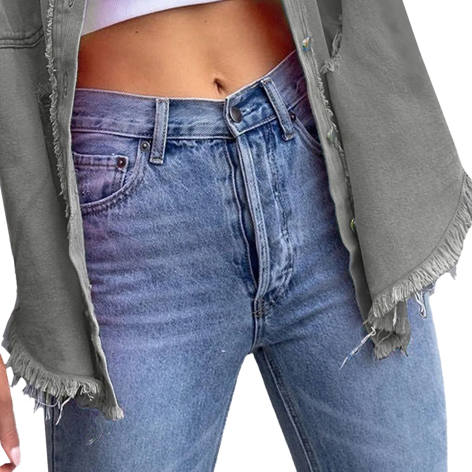 Женская джинсовая куртка oversize с отворотами, классическая, на пуговицах, с бахромой, стиль бойфренд, Grigio chiaro — фото 4