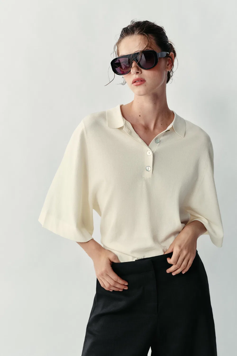 Длинные бермуды из льняной смеси с кружевом. ZARA, Black — фото 3