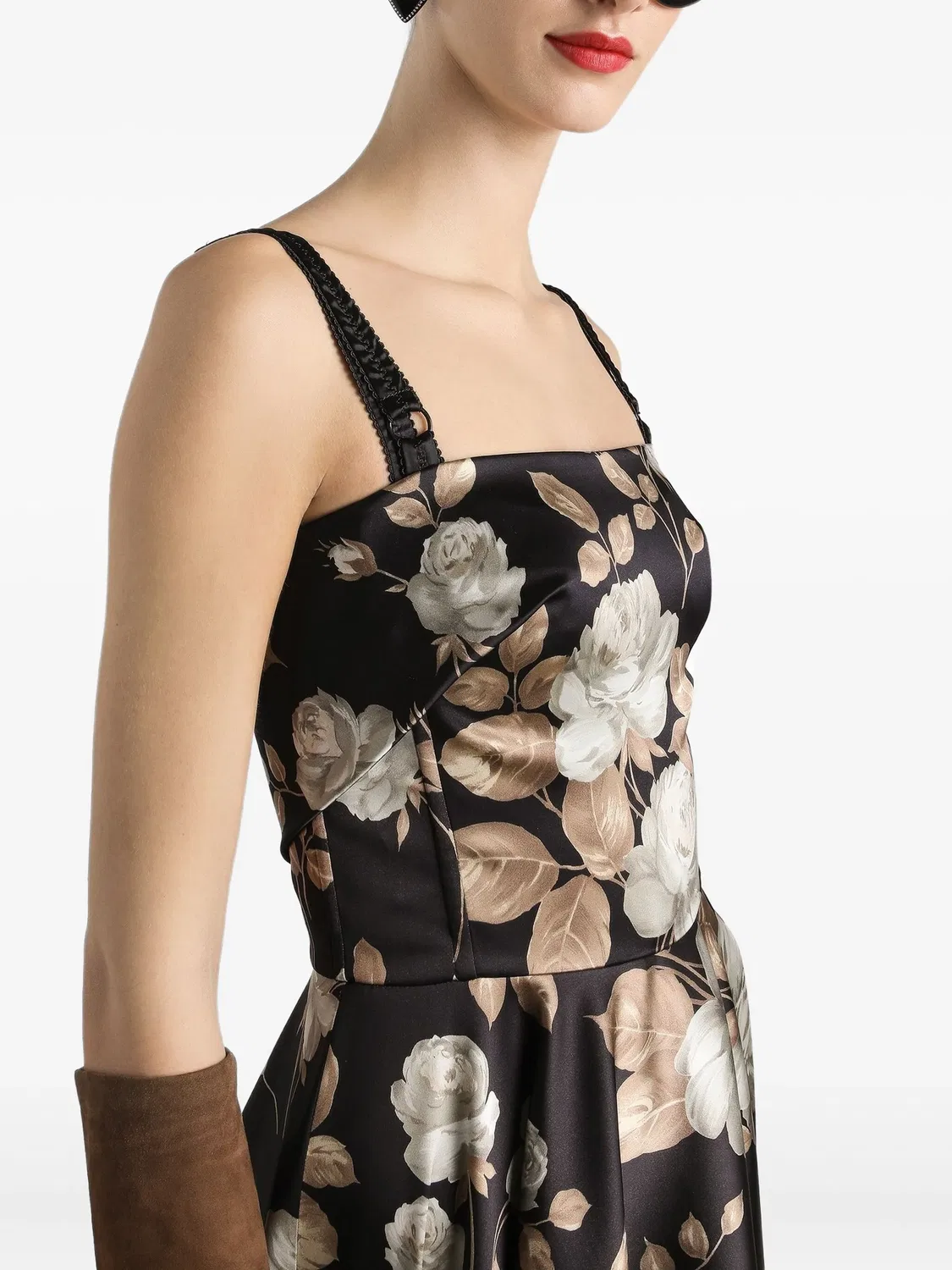 Платье-миди из сатина, черное с розовым принтом Dolce & Gabbana, черный — фото 2