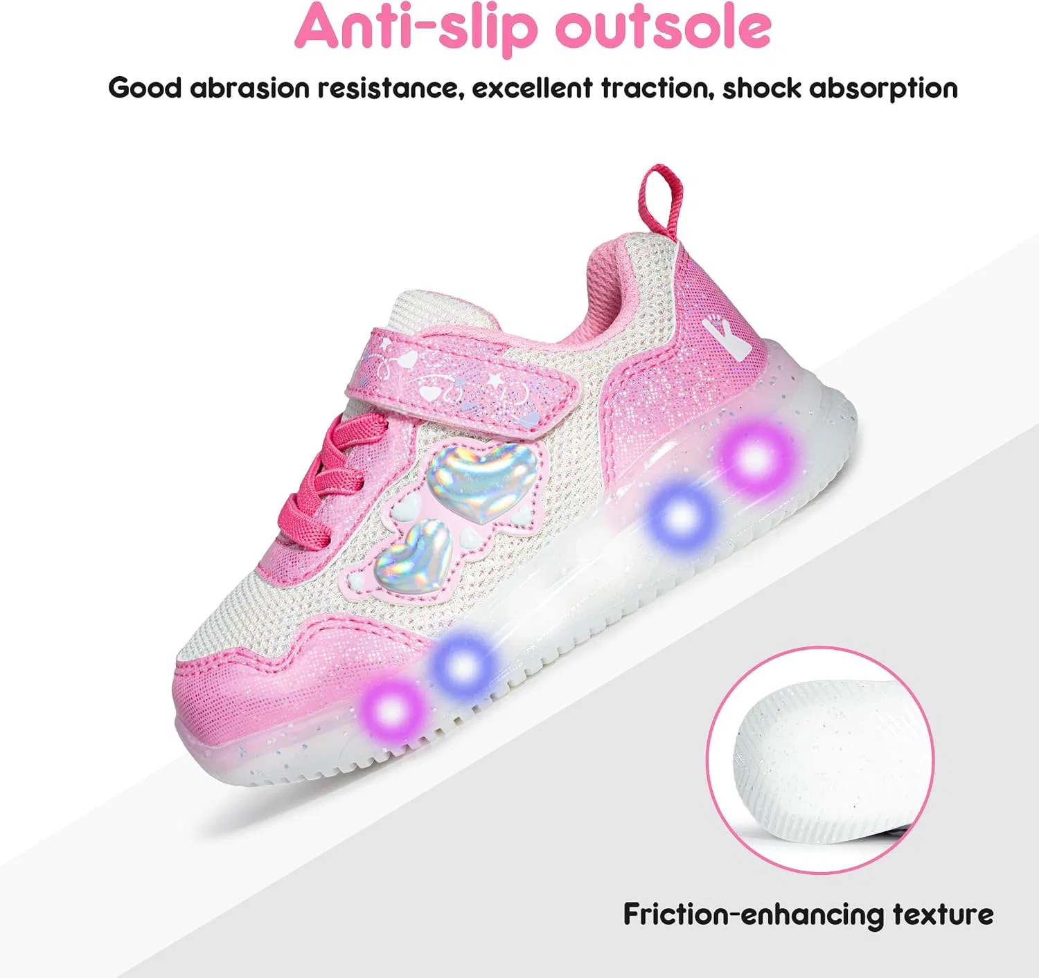 Детские кроссовки для девочек со светящейся подошвой YESKIS, Heart White Mangenta Light Up Sneakers — фото 3