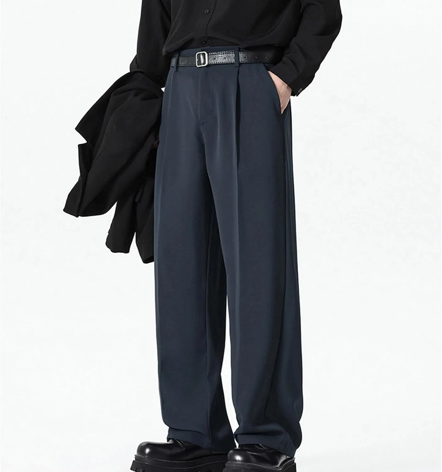 Мужские брюки свободного кроя с защипами, Wide Leg Dress Pants, тёмно-синий — фото 4